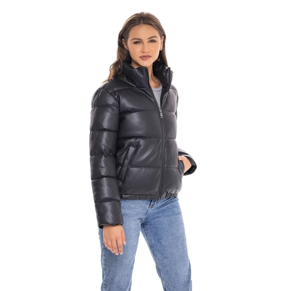 Women's Faux Leather Puffer Jacket Black Puffy Coat - S.E.B. By SEBBY Size 3X - Picture 3 of 16